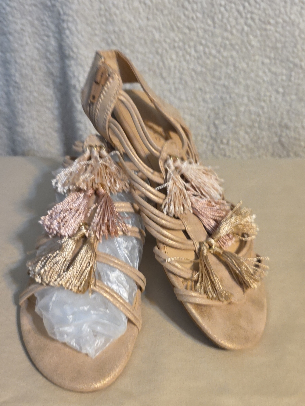 LC Lauren Conrad Shimmery Neutral Tassel Strappy Sandals